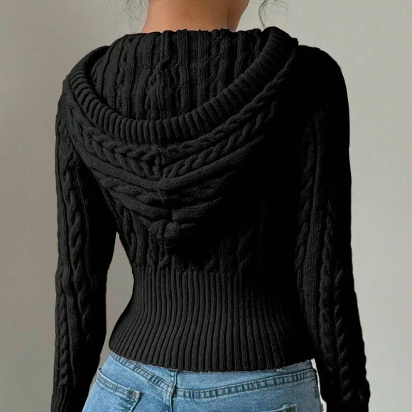 Black Casual Women's Front Zipper Long Sleeve Hooded Sweatshirt - Picture 2 of 5